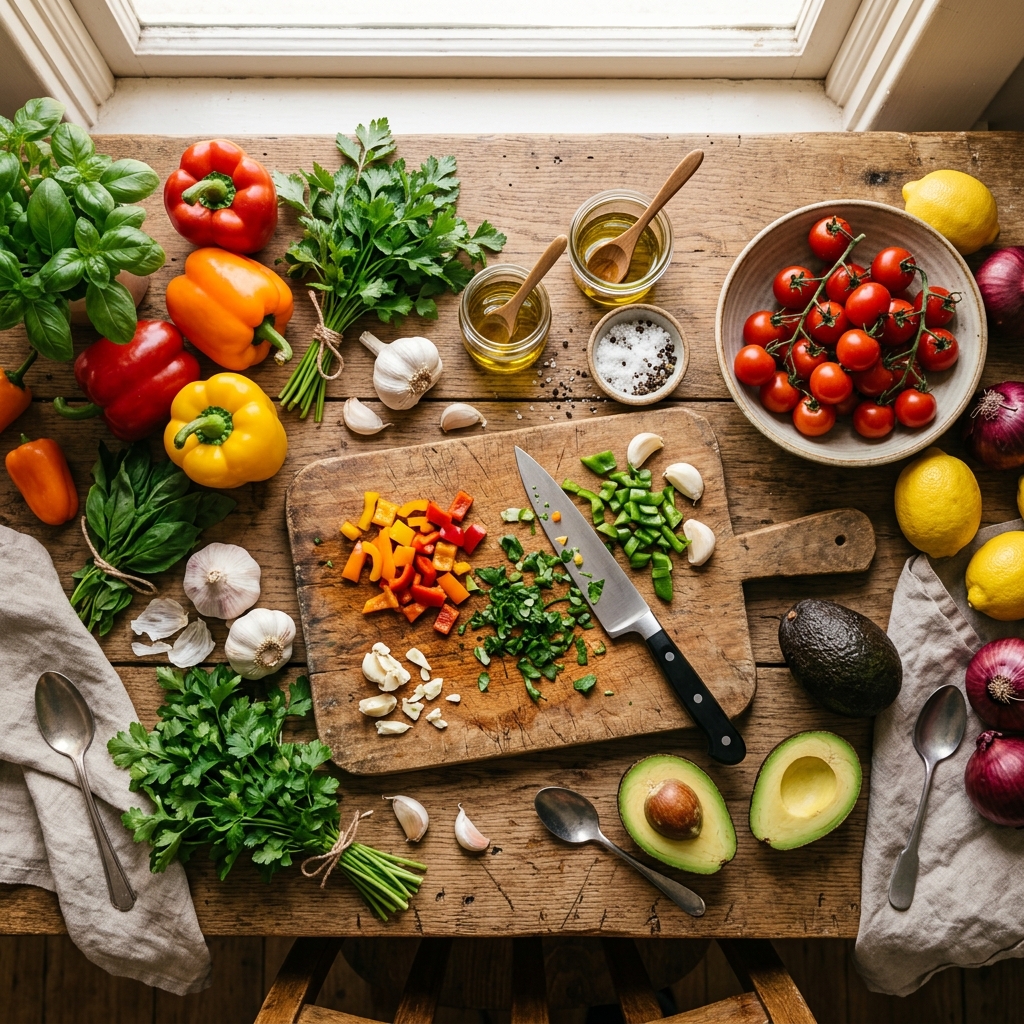 Vegan ingredients on a rustic table