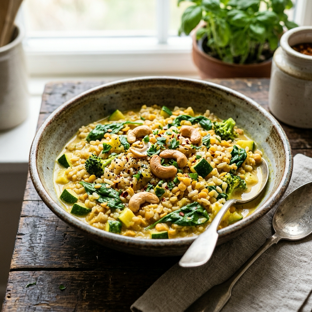 One-Pot Creamy Zucchini, Brown Rice & Red Lentil Bowl